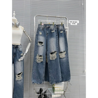 Quần jean ống rộng nữ lưng cao rách gối xanh đậm m3780