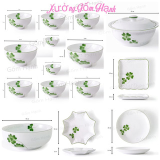 Bát đĩa gốm sứ Bát tràng - Bát đĩa men trắng vẽ cỏ bốn lá may mắn - Sứ kháng khuẩn cao cấp