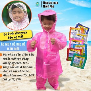 Áo Mưa Cho Bé Có Kính Chắn Nước Che Mặt, Bộ Áo và Quần, nhựa pvc dẻo trong suốt chống thấm