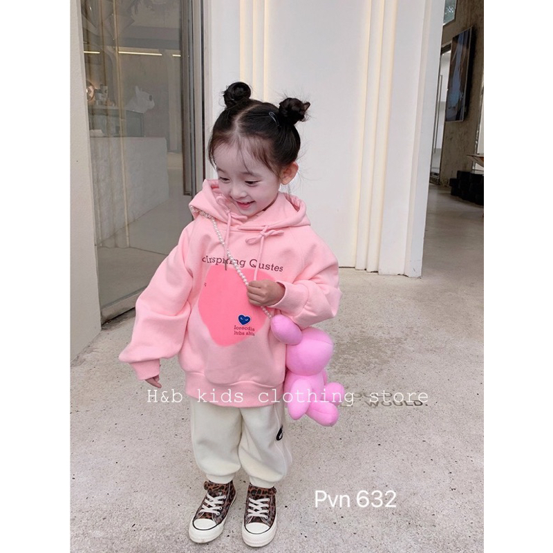 Áo Hoody bé gái , áo thu đông nỉ da cá họa tiết trái tim cho bé 10-28kg