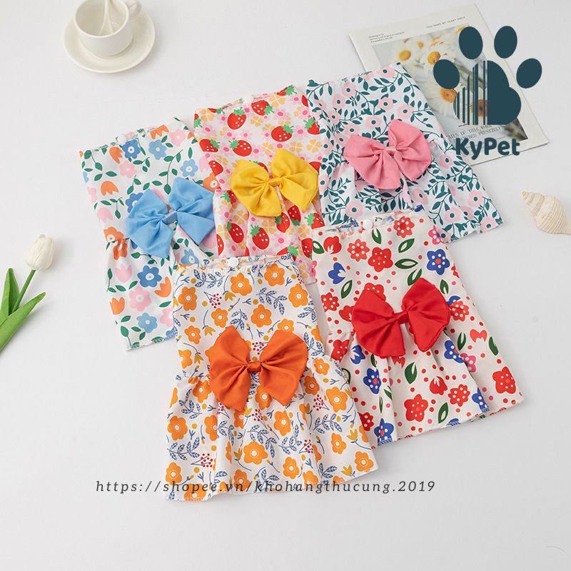 Đầm váy hoa công chúa có nơ dành cho thú cưng chó mèo- váy áo thú cưng- Kypet