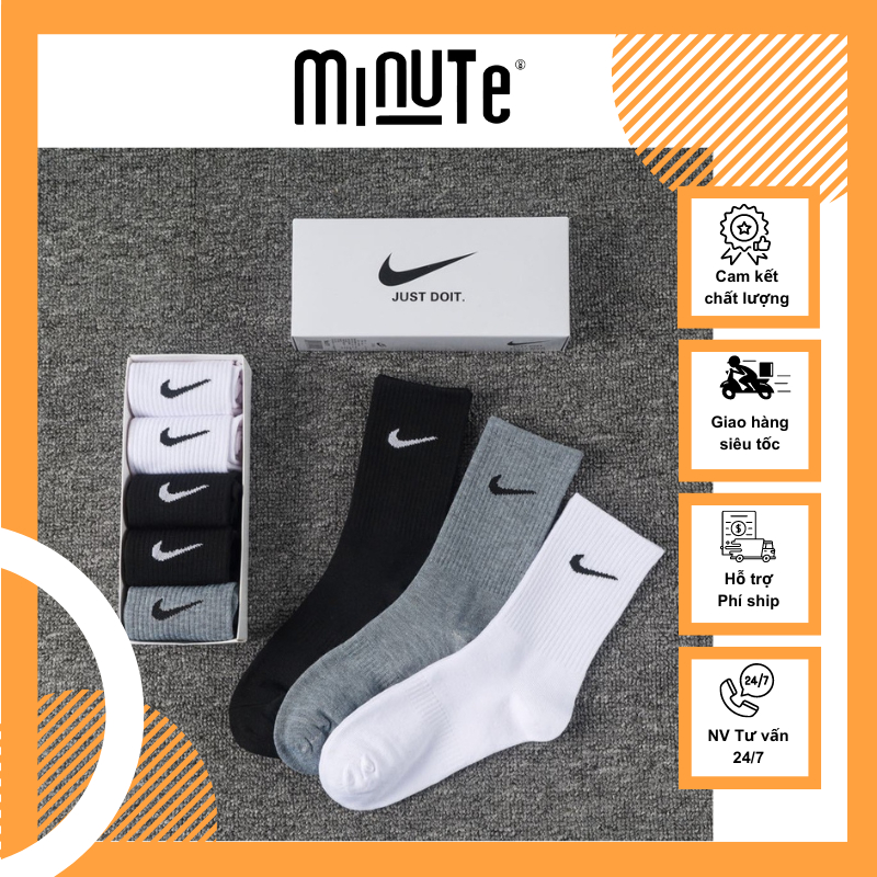 [ SET 5 ĐÔI ] Tất Nike thể thao dệt kim cao cấp dày dặn không mùi, vớ Nike co giãn dày dặn cổ cao ba màu trắng, xám, đen