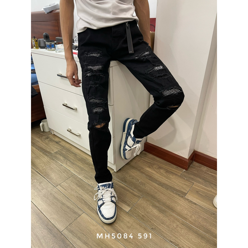 Quần Jean Nam Đen Đính Đá Quần Jean Skinny Vladak Phối Đá Ánh Kim Hàng Quảng Châu Cao Cấp