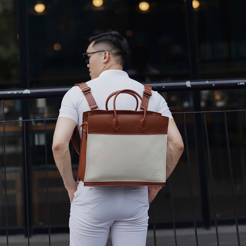 Túi da KHÔISTORE | Horizontal_Túi tote balo đeo chéo đa năng_Túi thiết kế_Hàng thủ công_Màu kem phối nâu