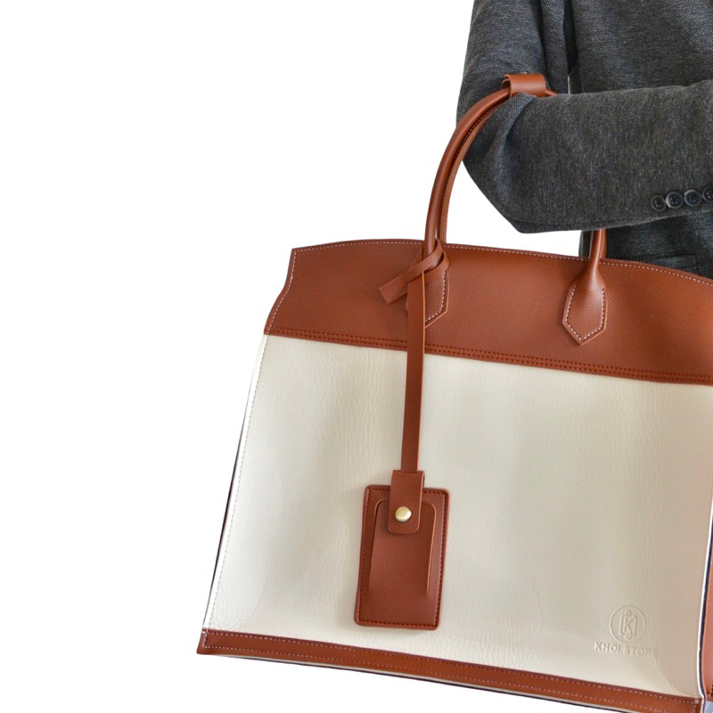 Túi da KHÔISTORE | Horizontal_Túi tote balo đeo chéo đa năng_Túi thiết kế_Hàng thủ công_Màu kem phối nâu