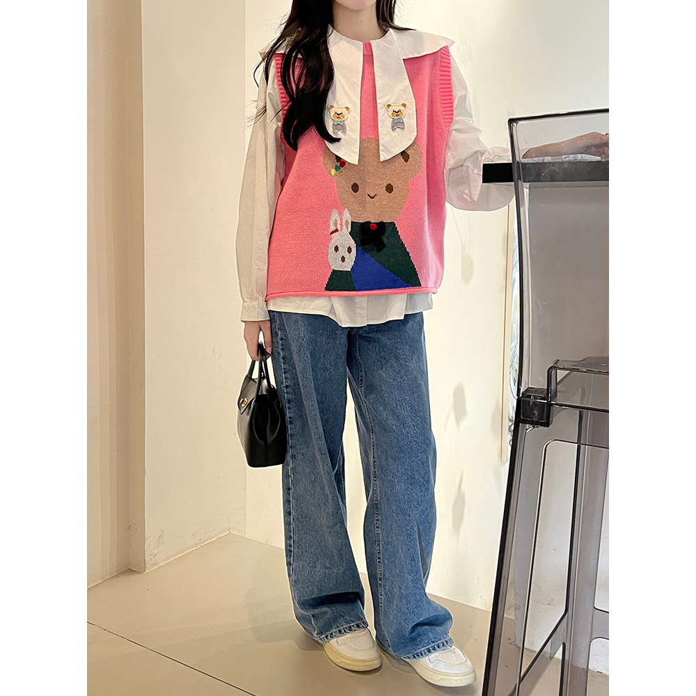 Áo gile len nữ vintage thêu gấu dễ thương, set gile len nữ phối sơ mi tay bồng cổ búp bê form rộng 0836