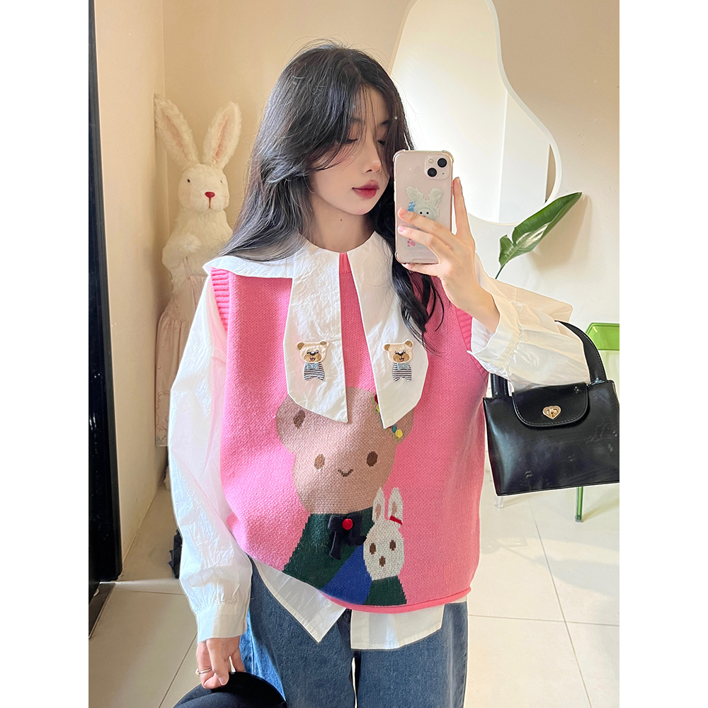 Áo gile len nữ vintage thêu gấu dễ thương, set gile len nữ phối sơ mi tay bồng cổ búp bê form rộng 0836