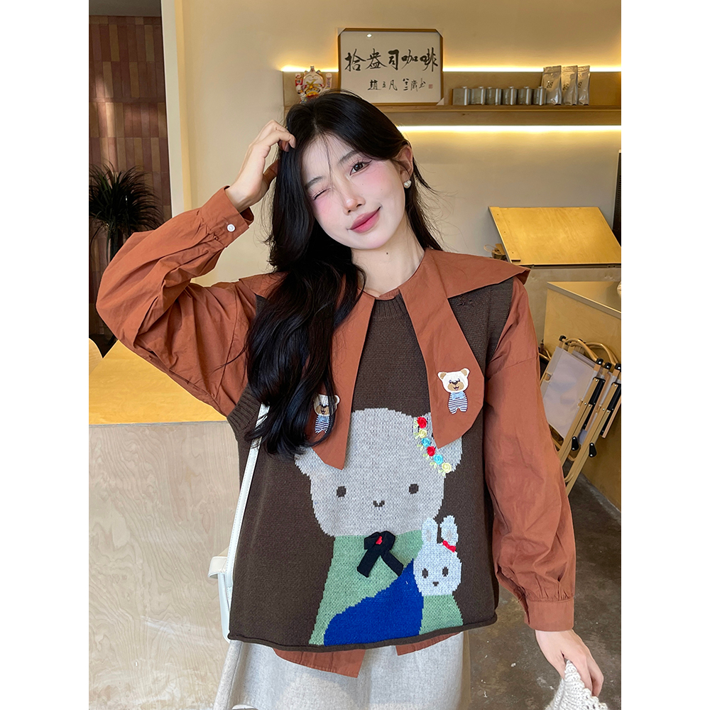 Áo gile len nữ vintage thêu gấu dễ thương, set gile len nữ phối sơ mi tay bồng cổ búp bê form rộng 0836