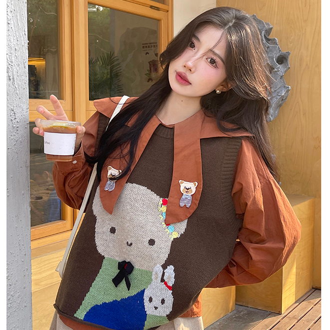 Áo gile len nữ vintage thêu gấu dễ thương, set gile len nữ phối sơ mi tay bồng cổ búp bê form rộng 0836