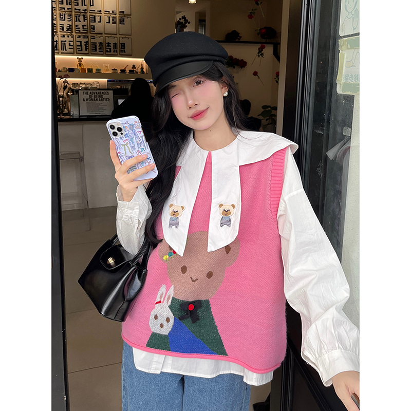 Áo gile len nữ vintage thêu gấu dễ thương, set gile len nữ phối sơ mi tay bồng cổ búp bê form rộng 0836