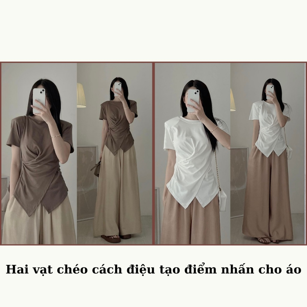 Áo thun nữ cổ tròn nhúm eo - Áo thun trơn cộc tay nữ xoắn eo vạt chéo chất thun cotton co giãn 4 chiều bigsize