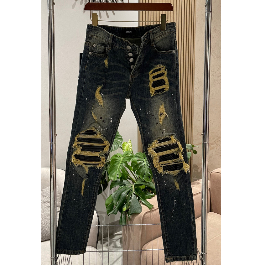 Quần Jean Xanh Rêu Chấm Sơn Amiri 4 Khuy Quần Bò Nam Xanh Sẫm Lót Da Cao Cấp Chất Co Dãn 4 Chiều