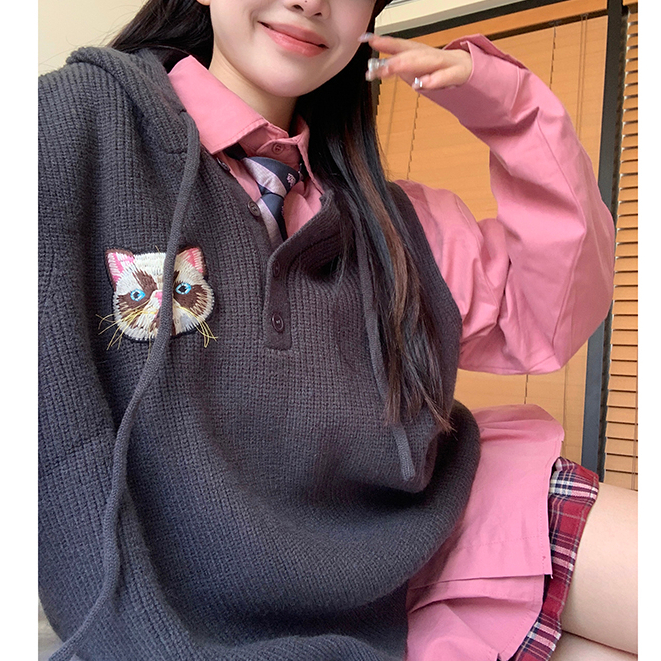 Áo gile len nữ có mũ vintage thêu mèo, set gile len nữ phối sơ mi tay kèm cà vạt form rộng 5896