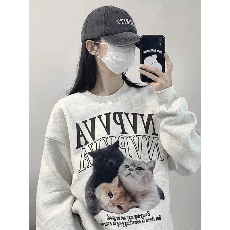 Áo Nỉ Sweater Mèo Xám NVPVVA 🌸Áo Sweater Nữ Nỉ Ngoại Form Rộng Ulzzang🌸