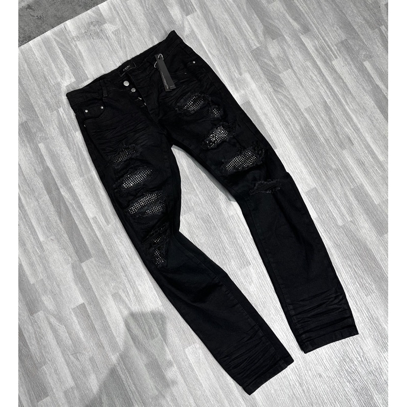 Quần JEAN Nam Đen Đính Đá 4 Khuy Amiri Quần Skinny Jean Nam Vá Kim Tuyến Bản 4 Cúc