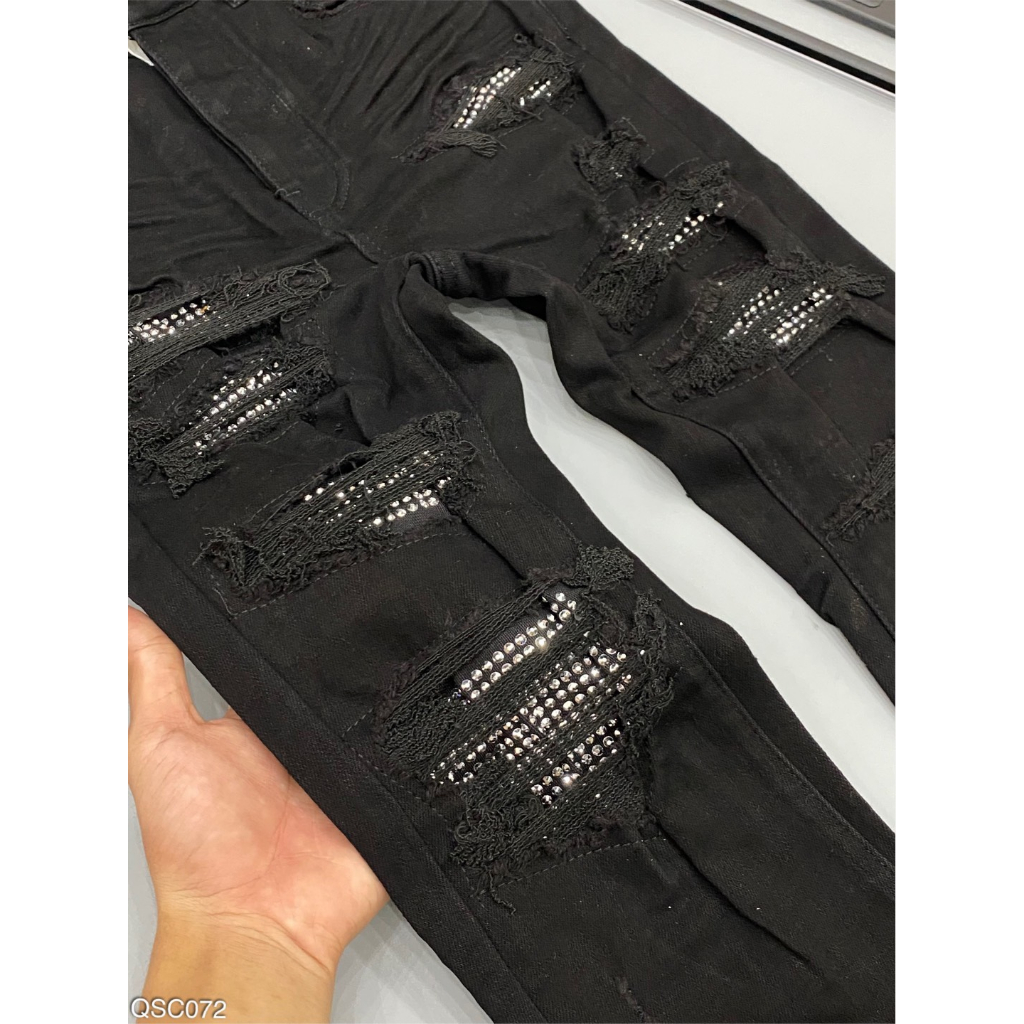 Quần JEAN Nam Đen Đính Đá 4 Khuy Amiri Quần Skinny Jean Nam Vá Kim Tuyến Bản 4 Cúc