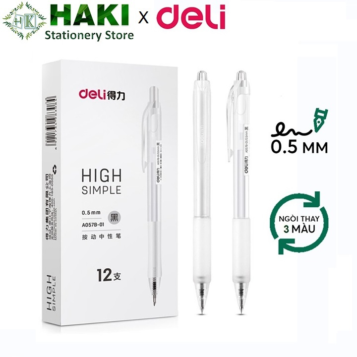 Bút gel HAKI bút bi bấm mực nước màu đen Deli ngòi 0.5mm đồ dùng học tập văn phòng phẩm B38