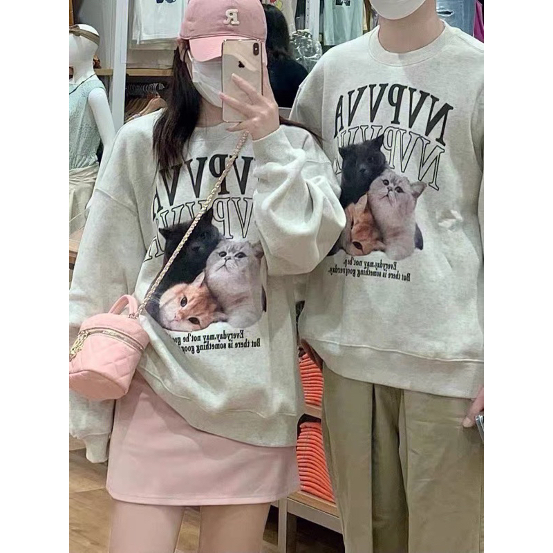 Áo Nỉ Sweater Mèo Xám NVPVVA 🌸Áo Sweater Nữ Nỉ Ngoại Form Rộng Ulzzang🌸