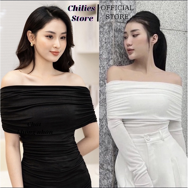 Áo Trễ Vai Chất Nhúng Mềm Nhún Eo Dài Tay Ngắn Tay Trắng Đen Kèm Video Thật