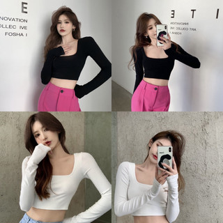 Áo Kiểu Croptop Tay Dài Cổ Vuông, Chất Thun Cotton Tăm Dày Mịn Siêu Hot  [ E412 ]