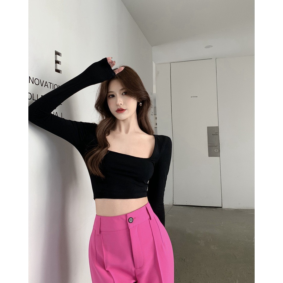 Áo Kiểu Croptop Tay Dài Cổ Vuông, Chất Thun Cotton Tăm Dày Mịn Siêu Hot