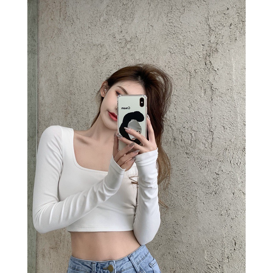 Áo Kiểu Croptop Tay Dài Cổ Vuông, Chất Thun Cotton Tăm Dày Mịn Siêu Hot