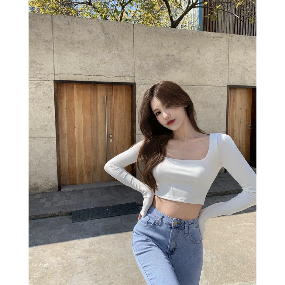 Áo Kiểu Croptop Tay Dài Cổ Vuông, Chất Thun Cotton Tăm Dày Mịn Siêu Hot