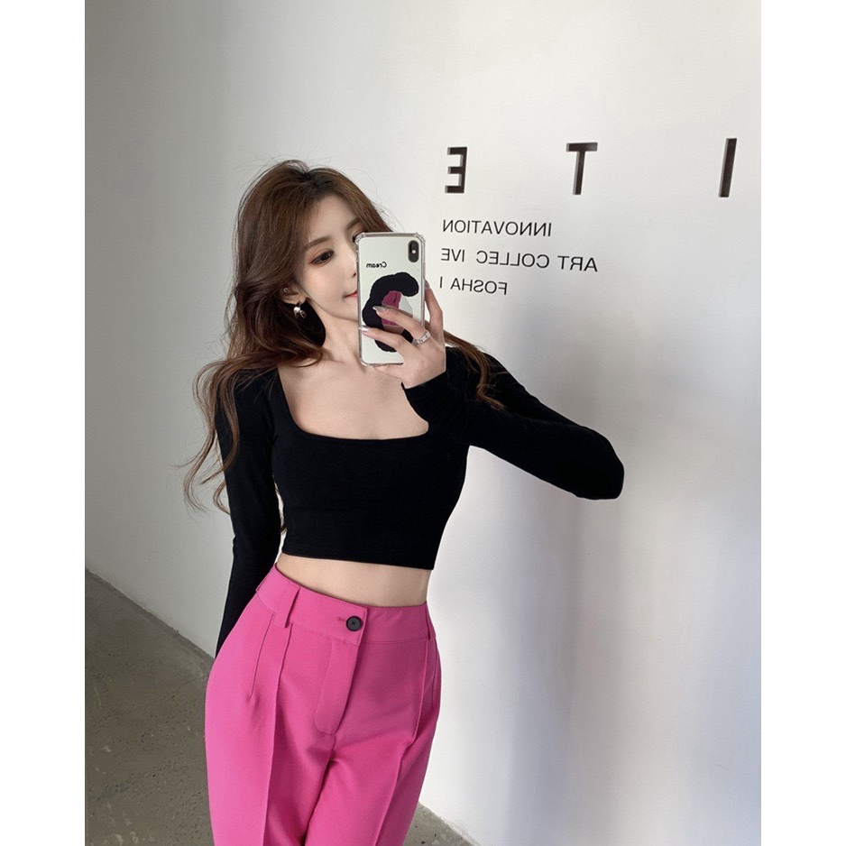 Áo Kiểu Croptop Tay Dài Cổ Vuông, Chất Thun Cotton Tăm Dày Mịn Siêu Hot