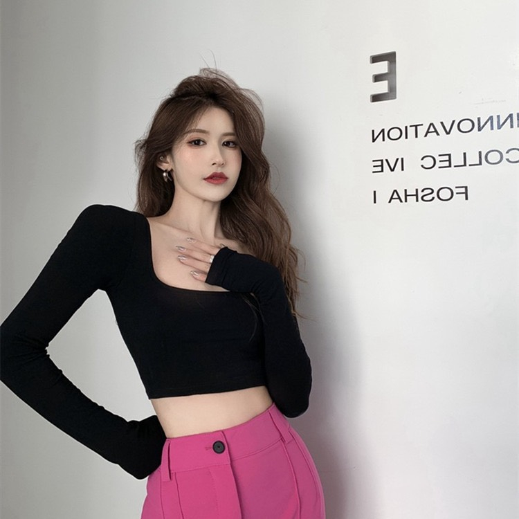 Áo Kiểu Croptop Tay Dài Cổ Vuông, Chất Thun Cotton Tăm Dày Mịn Siêu Hot
