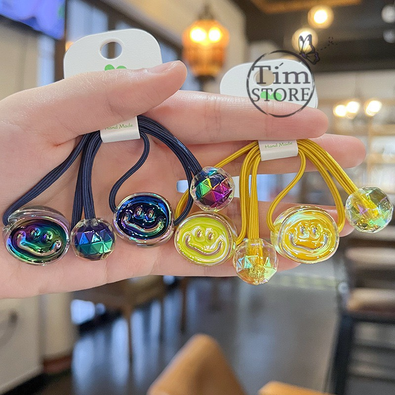 Set 2 dây cột tóc nữ sang trọng mặt cười bóng đen vàng TÍM STORE phụ kiện thời trang phong cách hàn quốc
