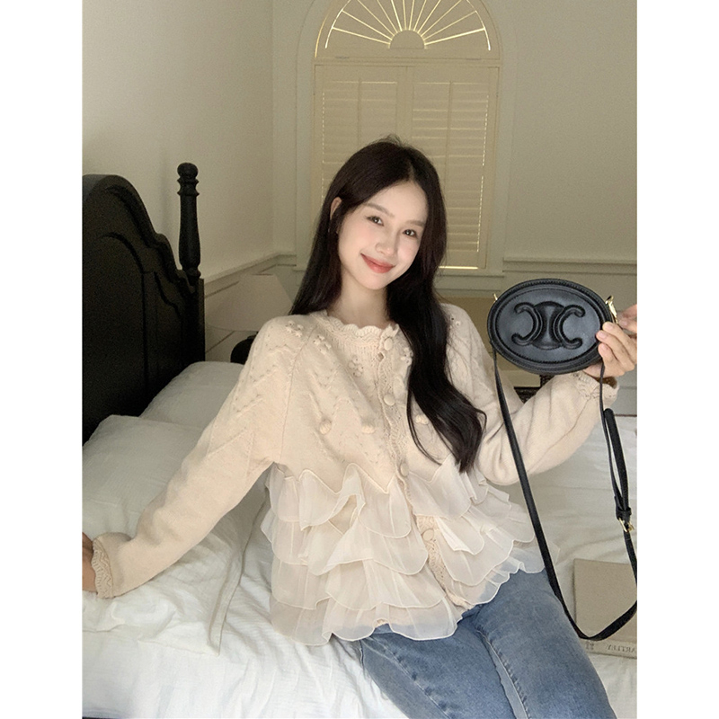 Áo khoác len nữ dệt kim tay dài vintage, áo khoát sweater len nữ phối viền ren hàn quốc 2453