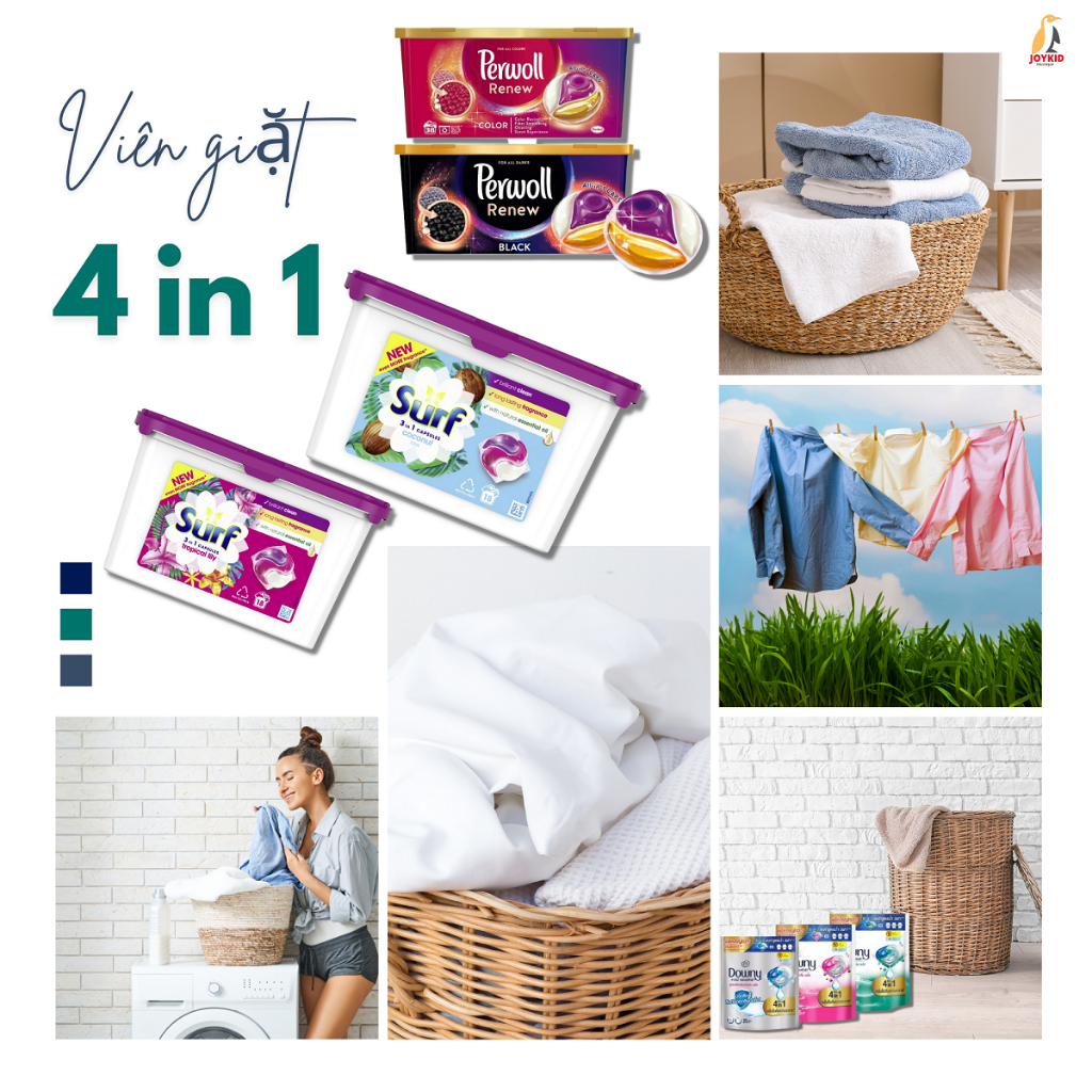 Viên giặt xả quần áo Downy/Surf/Perwoll lưu hương 4 trong 1 nhập khẩu Thái Lan/Anh/Tây Ban Nha