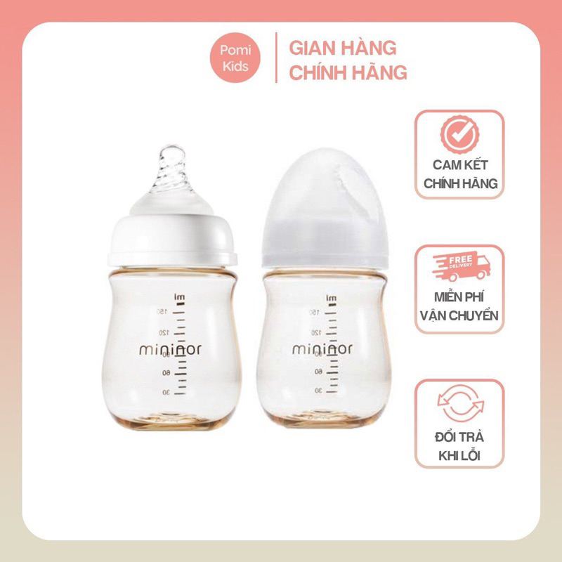 Bình sữa Mininor 160ml/240ml Hàn Quốc, bình sữa cổ rộng chống sặc tuyệt đối