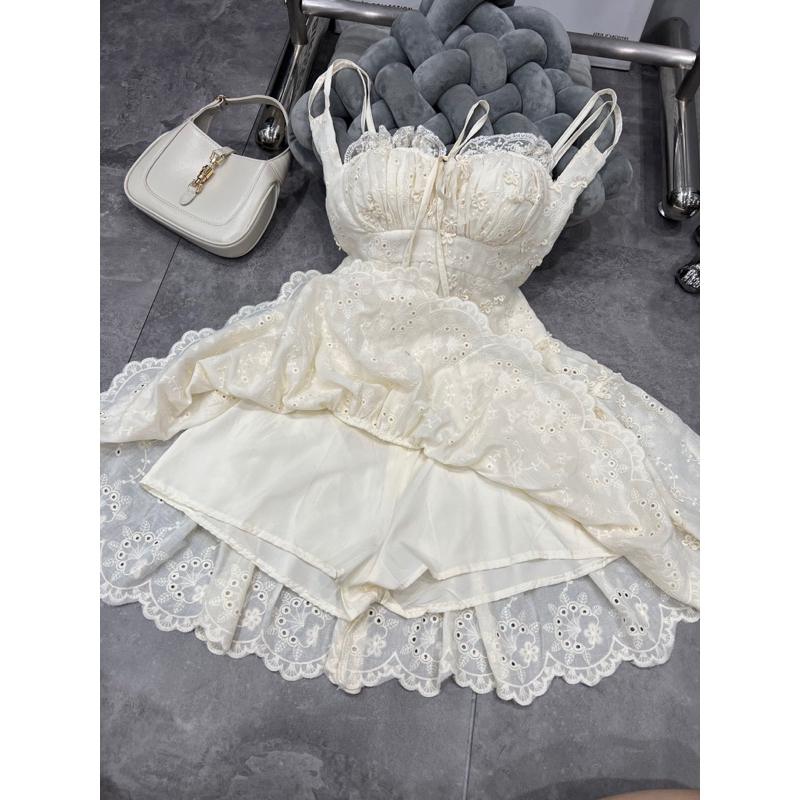 Đầm váy nữ hai dây cộ nơ form ngắn xòe xếp li chất liệu ren phong cách hàn quốc siêu dễ thương