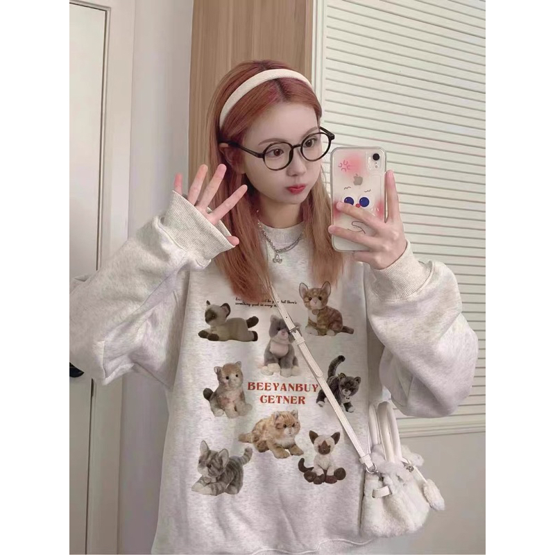 Áo Nỉ Sweater Mèo BEEYANBUY 🌸Áo Sweater Nữ Nỉ ngoại Form Rộng Ulzzang🌸