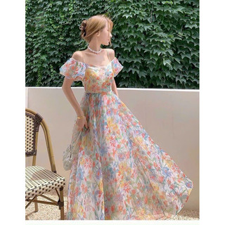 Đầm trễ vai đan dây lưng thời trang nữ mặc đi chơi chất voan hoa cao cấp có mút ngực,