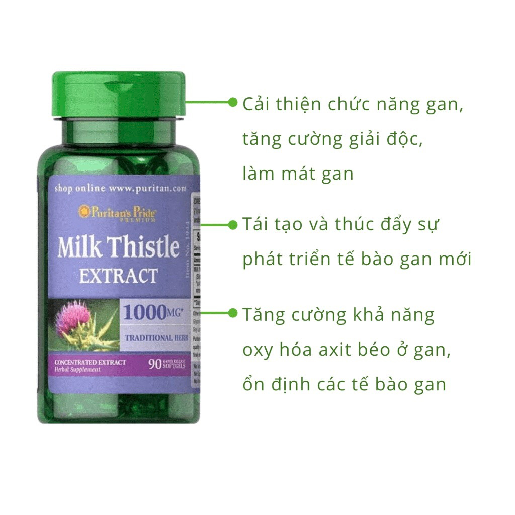 Viên Uống Giải Độc Gan, MÁT Gan PURITAN'S PRIDE Milk Thistle Extract 1000mg 90 viên