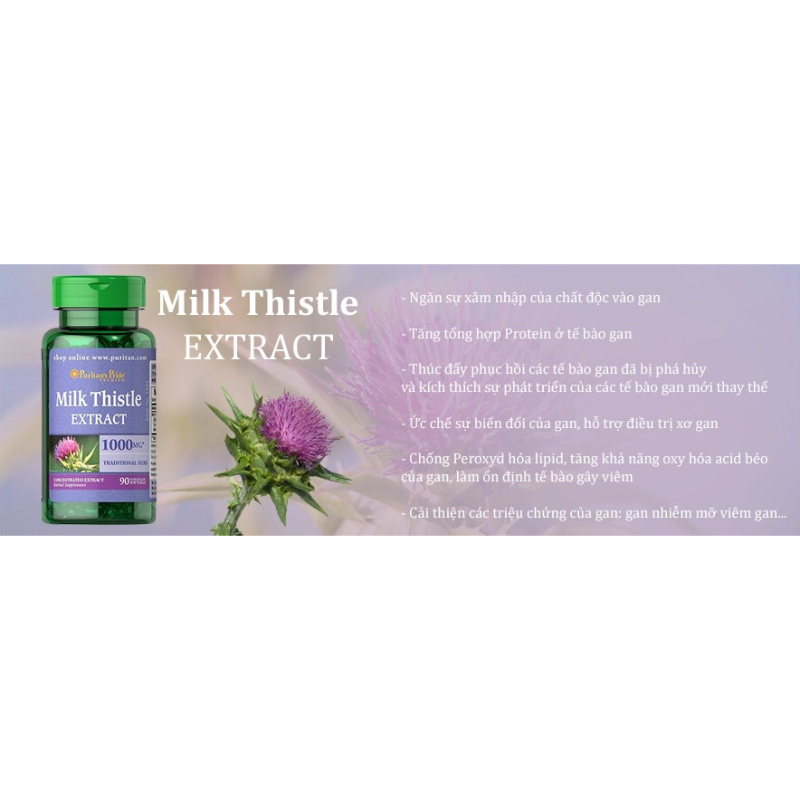 Viên Uống Giải Độc Gan, MÁT Gan PURITAN'S PRIDE Milk Thistle Extract 1000mg 90 viên