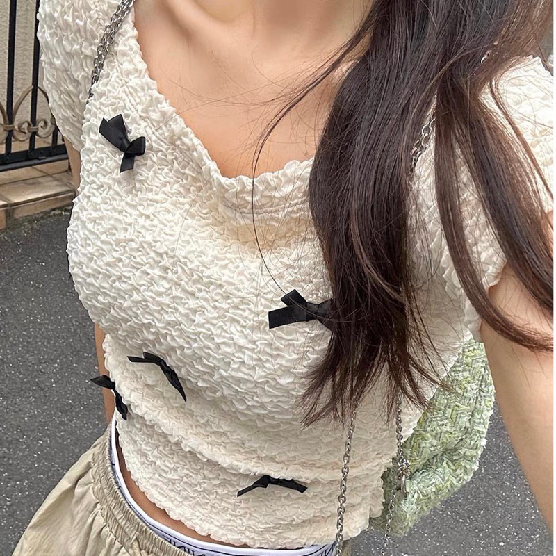 Áo croptop trễ vai nữ đính nơ tay ngắn vải xốp Mila Top sexy trendy Nala Studio