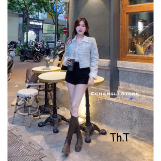 Áo khoác dạ tweed xanh (kèm ảnh thật )