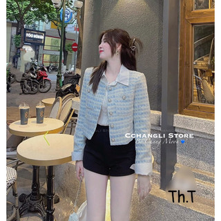Áo khoác dạ tweed xanh (kèm ảnh thật )