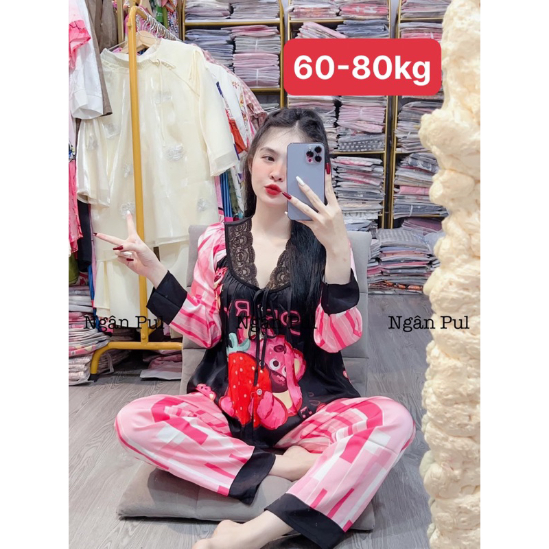 Xước tiểu thư tay dài quần dài cổ phối ren siêu dễ thương