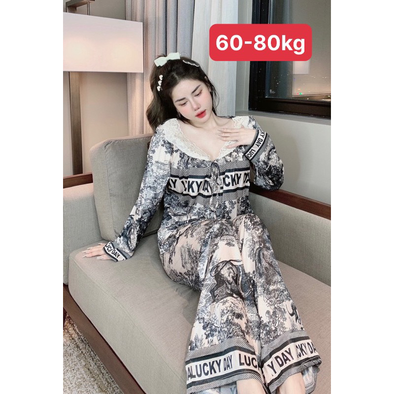 Xước tiểu thư tay dài quần dài cổ phối ren siêu dễ thương