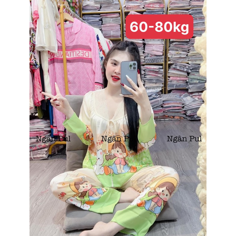 Xước tiểu thư tay dài quần dài cổ phối ren siêu dễ thương