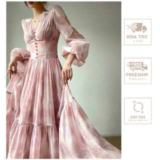 Đầm in họa tiết loang ren cổ - VH92