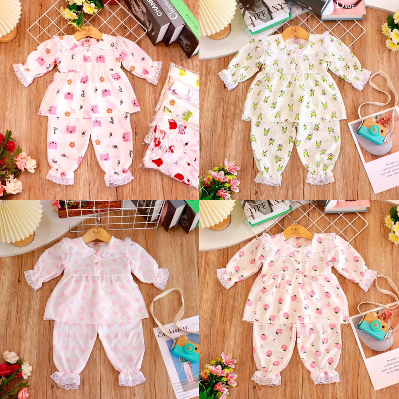 Đồ bộ bé gái tay dài baby doll tiểu thư họa tiết hoạt hình chất vải tơ xốp mềm, thoáng mát từ 5-14kg