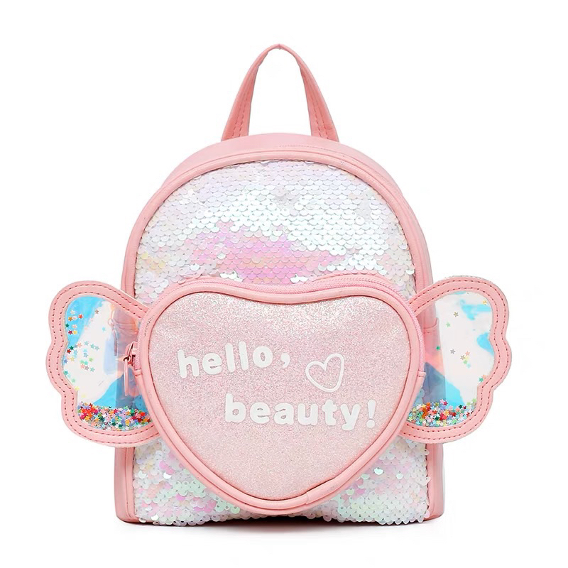 Balo da đính kim sa hoạ tiết trái tim cánh tiên dễ thương cho bé