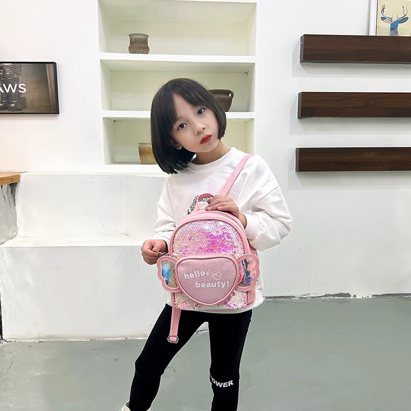 Balo da đính kim sa hoạ tiết trái tim cánh tiên dễ thương cho bé