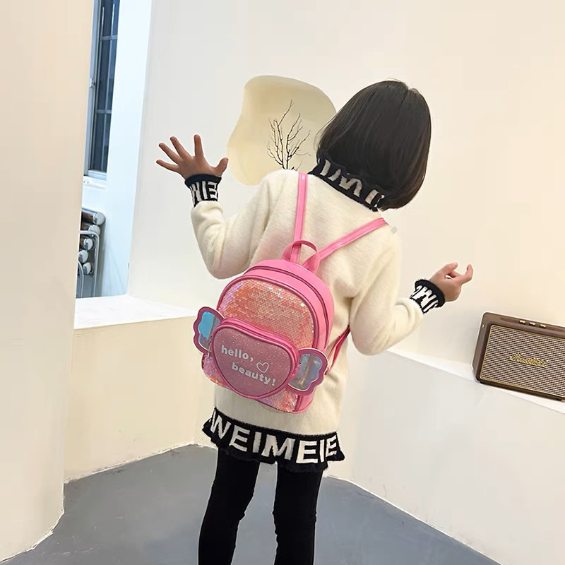 Balo da đính kim sa hoạ tiết trái tim cánh tiên dễ thương cho bé