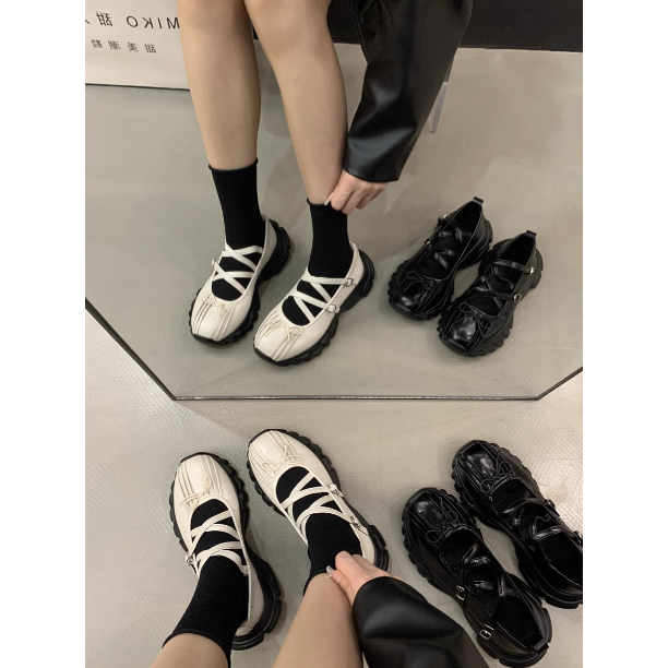 Giày Mary Jane dáng bale đính nơ thắt dây năng động thời trang đế đen dày 4cm